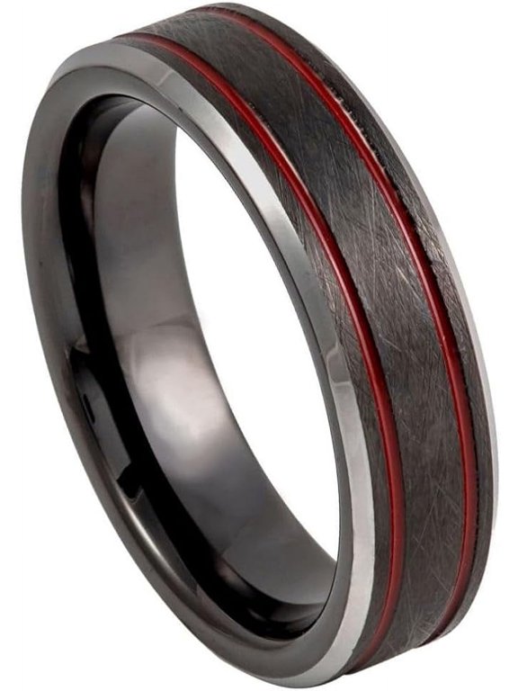 Ring for Men and Women Gifts With Thought Ring Charcoal Gray IP Plated Ice Finish with 2 Red Thin Line, Beveled Edge 6mm Wedding Band Ring Ideal Rings for Couples