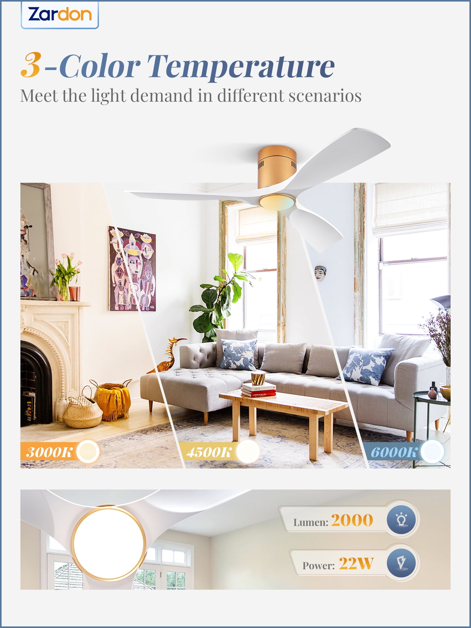 Zardon 52in Ceiling Fans with Remote Control and Light, 6 Speeds Reversible DC Motor, for Bedroom, Living Room, Indoor, Outdoor, White and Gold
