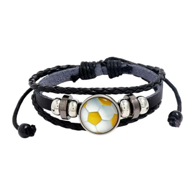 Pulsera de fútbol,Pulsera de fútbol para hombres y mujeres aficionados al equipo,Pulsera con dijes de fútbol de moda deportiva de moda,Pulsera de cuero PU,regalo Fútbol amarillo y blanco