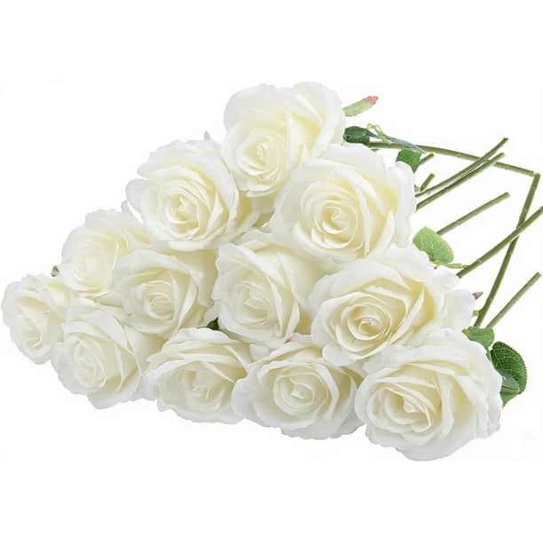 Paquete de 12 rosas blancas artificiales con tallo, flores falsas, ramo de rosas de seda para florero de mesa, centro de mesa, boda, fiesta, hogar, cocina, decoración
