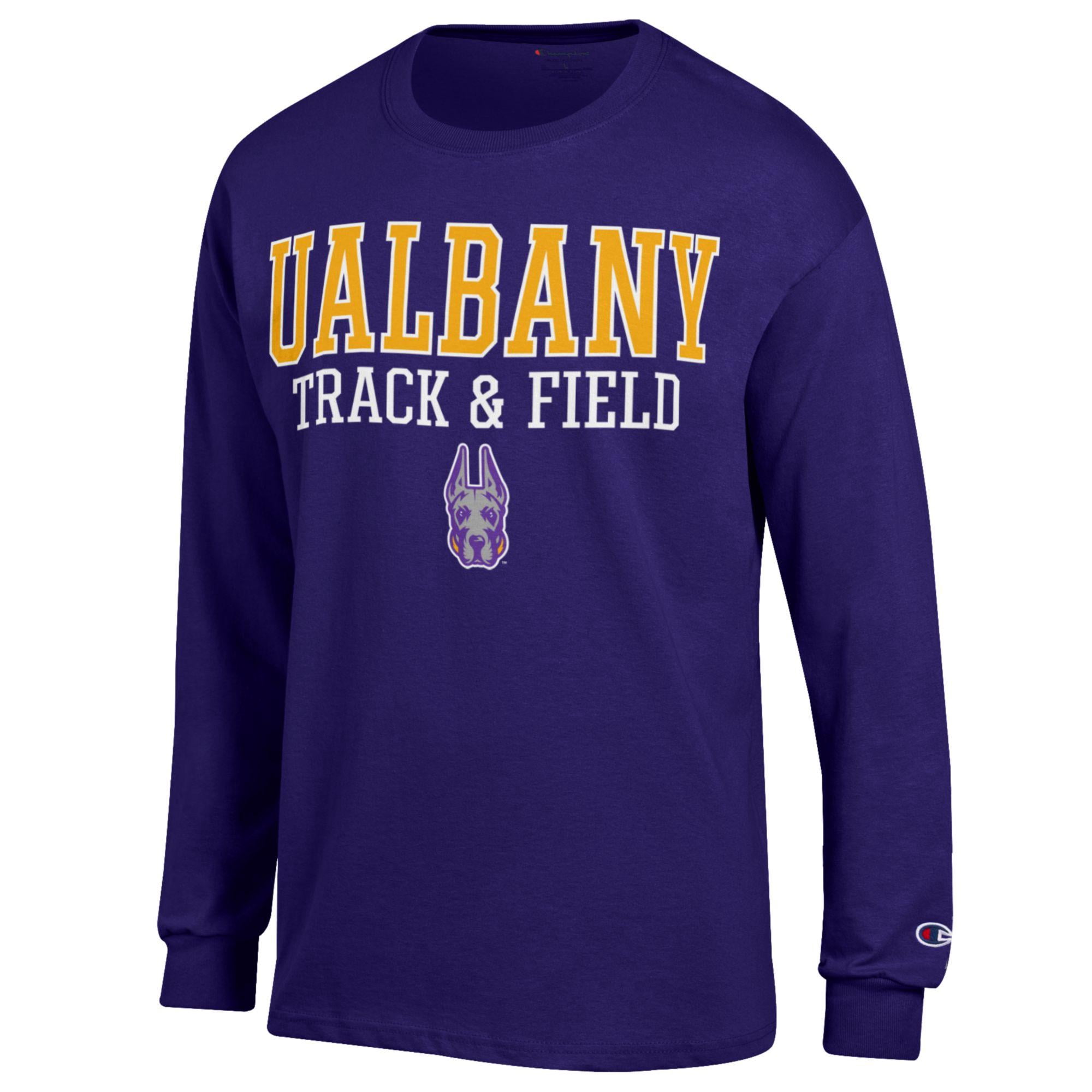 Men's-Champion  Purple UAlbany Great Danes Stacked Track & Field Long Sleeve T-Shirt