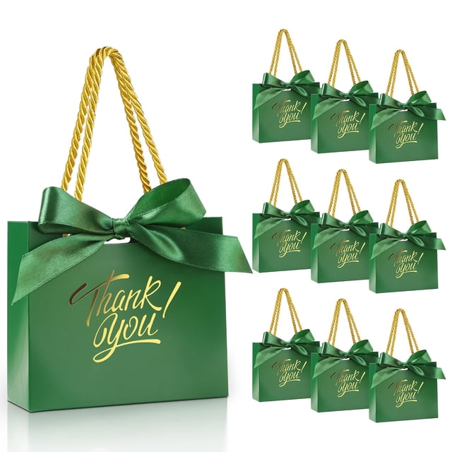 EQOREIIN - Paquete de 60 bolsas pequeñas de regalo de agradecimiento con asas de 5.5 x 2.4 x 4.7 pulgadas, mini bolsas de regalo verdes con cinta de lazo, bolsa de regalo pequeña