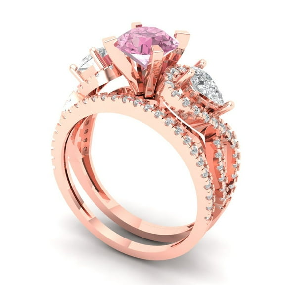 1.89 ct Brilliant Round Cut Pink Zircon 18K Rose Gold Solitaire with Accents Engagement Bridal Wedding Ring Band Set size 3.5