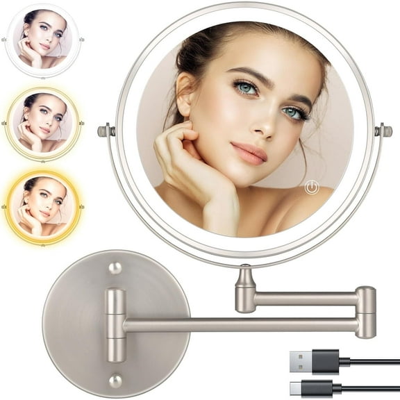 8 Inch Vanity Makeup Mirror Wall Mounted, Double Sided 1X/10X LED Magnifying Mirror, 3 Color Lights & 360°Swivel 13 Inch Extendable Bathroom Shaving Mirror- Nickel