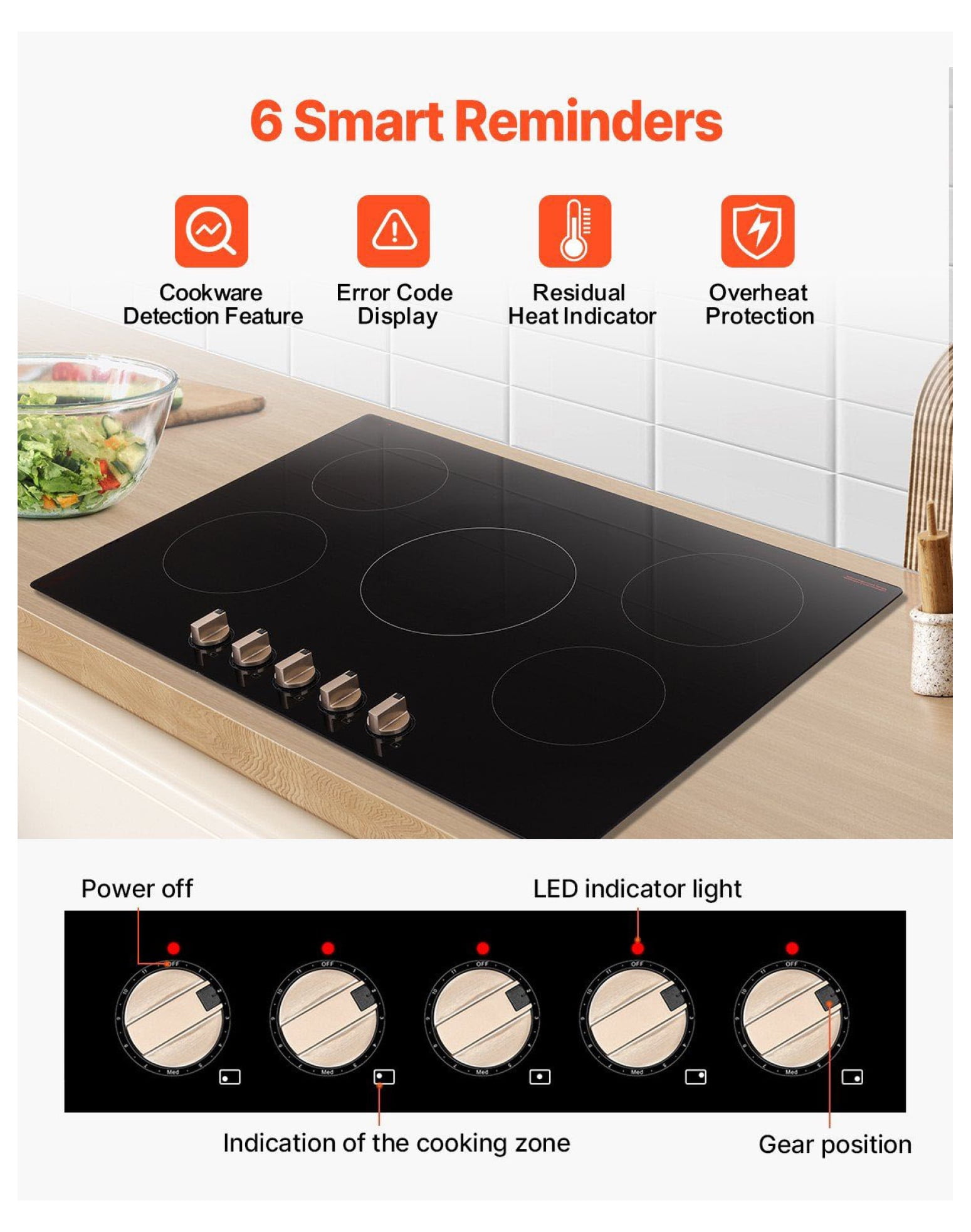9200W 5 Burner Induction Cooktop - Electric Countertop Stove with Knob Control - 36 Inch Built-in Cooktop - Fast Heating & Safety Features