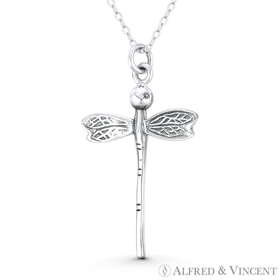 Dragonfly Insect Charm 37x22mm (1.5x0.9in) Pendant Animism Jewelry & Chain Necklace in Oxidized .925 Sterling Silver