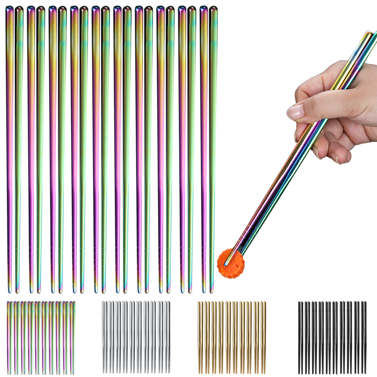 10 Pair Reusable Chopsticks Metal Korean Chinese Stainless Steel Chop Sticks 
