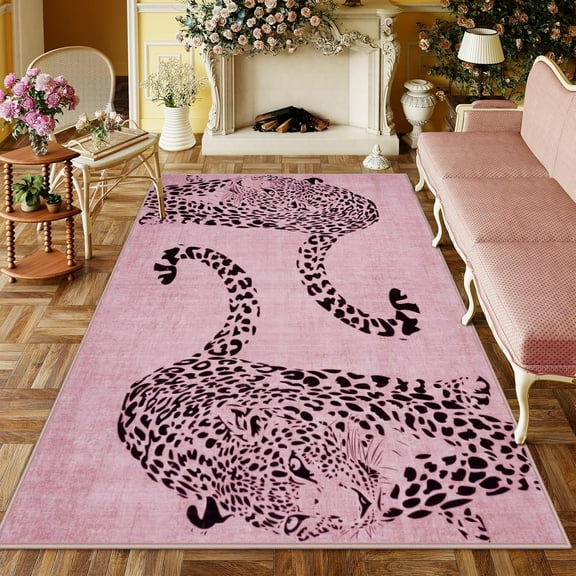 CF  Leopard Print 5x7 Area Rugs for Living Room, Soft Washable Rugs for Bedroom Ultra-Thin Non-Slip Moden Pink Rug, Stain Resistant Nursery Rug Carpet for Kids Playroom Classroom Dining Room