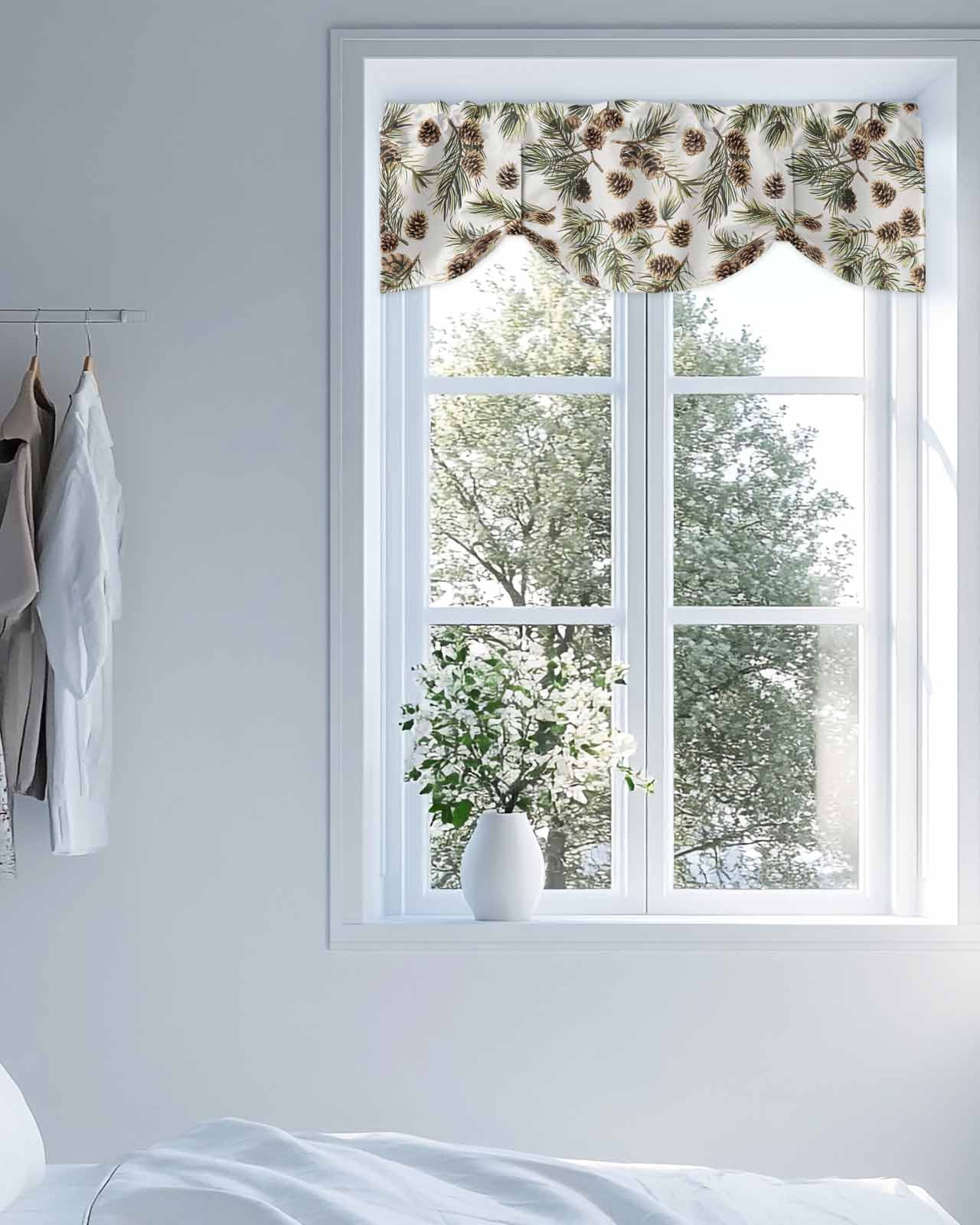 Brown Pine Cones Tie Up Valances Curtain, Green Leaves Branch White Background Kitchen Valances for Windows Decor, Rod Pocket Short Curtains Set for Bedroom/Bathroom, 54"x18"