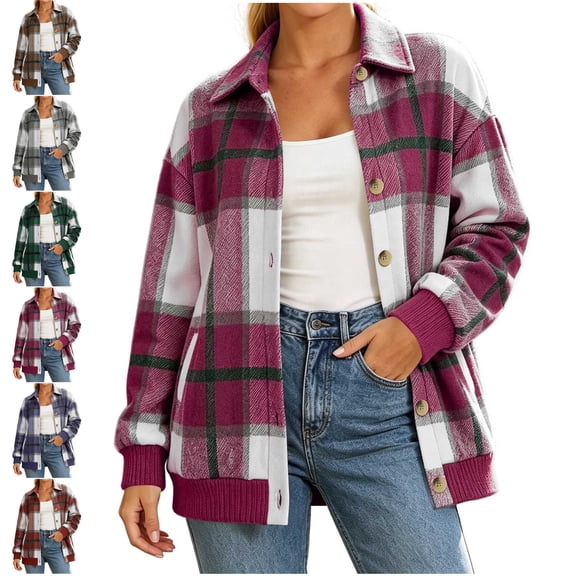 MLCDZ Women's Casual Plaid Flannel Shacket Jacket Button Down Long Sleeve Collared Fall Shirts Jacket Lightweight Vacation Coats with Pockets