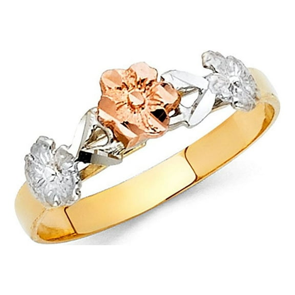14k Tri Color Italian Solid Gold Triple Flower Ring 6mm
