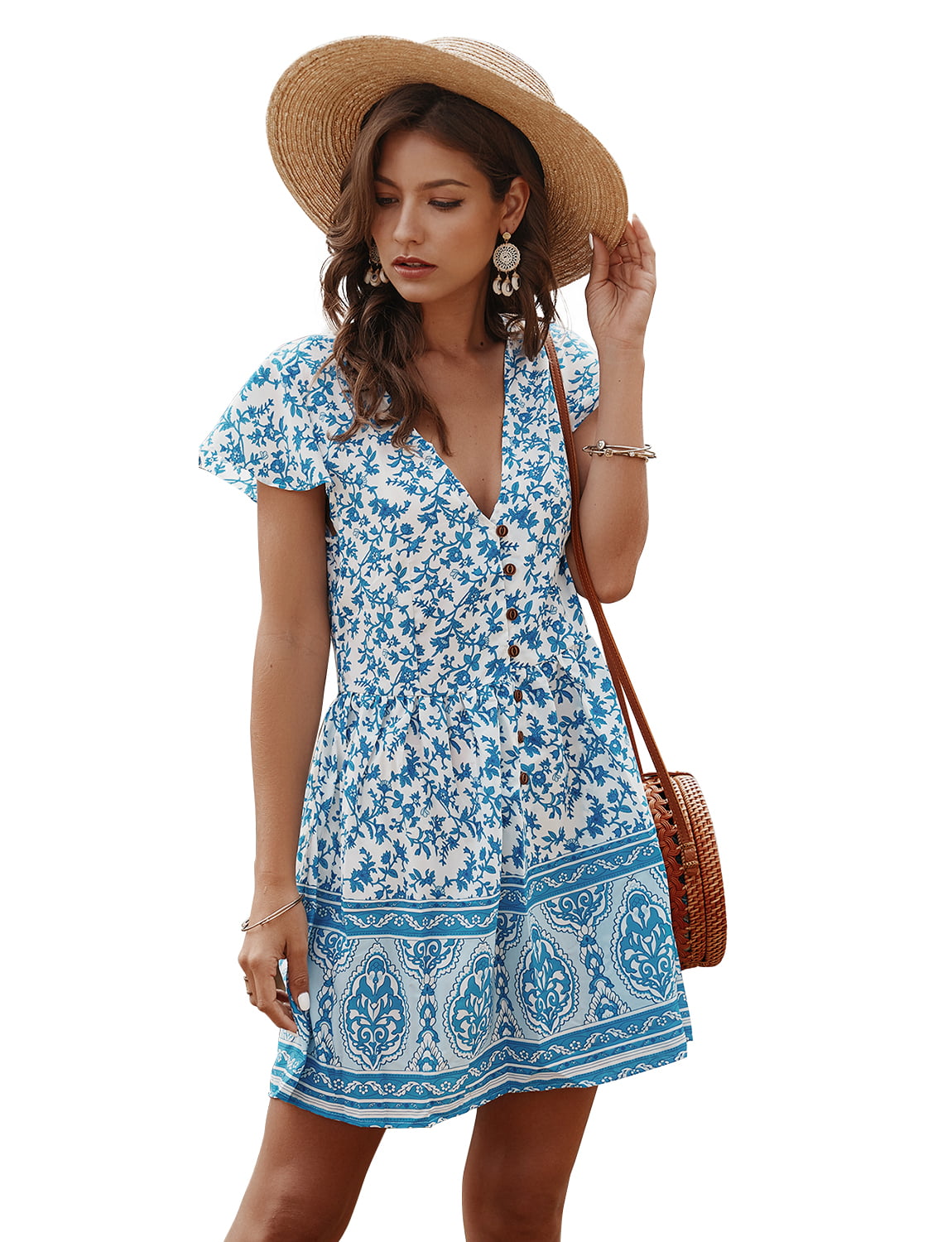 TOP SHE - Women's Causal Summer Dress Floral Print Short Sleeve Deep V ...