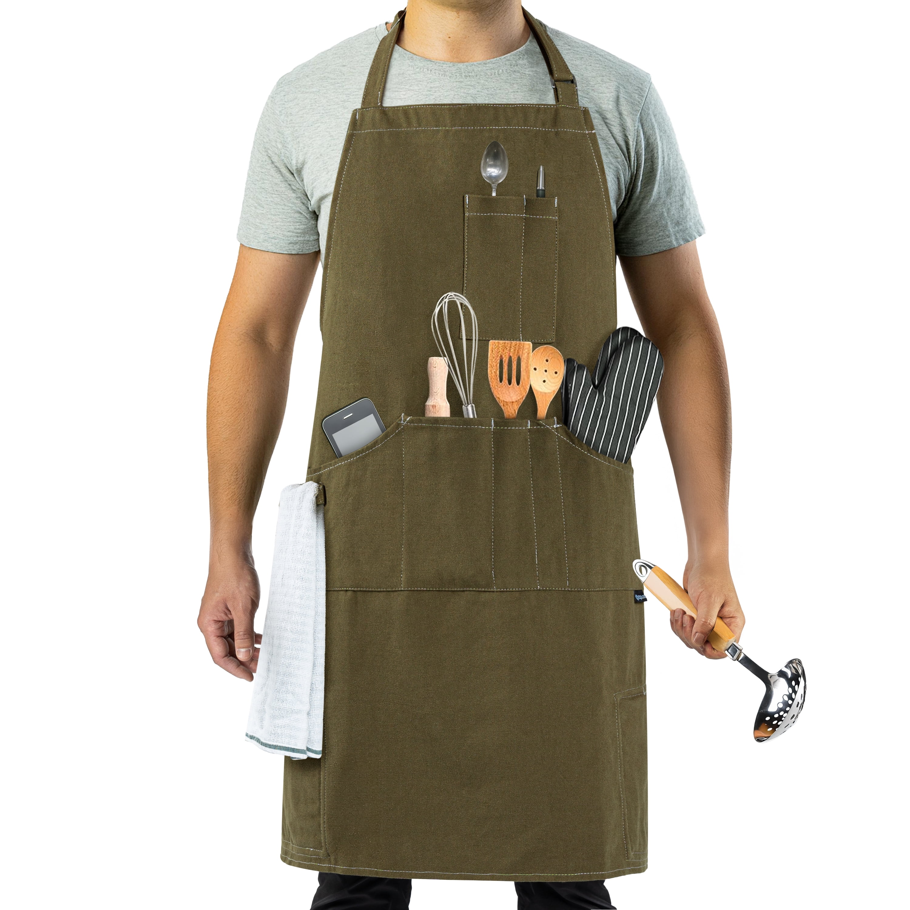 OPUX Chef Apron for Men, Canvas Apron with Pockets for Women, Large BBQ Apron for Kitchen Grilling Baking, Heavy Duty Work Apron with Adjustable Neck Strap for Barber Gardening, Olive