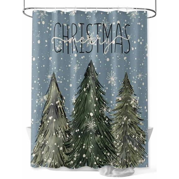 Blue Christmas Tree Standard Shower Curtain Set, Waterproof Shower Curtains for Bathroom, Green Xmas Tree Snowflake Washable Fabric Cloth Bath Curtain for Bathtub Decoration with Hooks 72x72 Inches