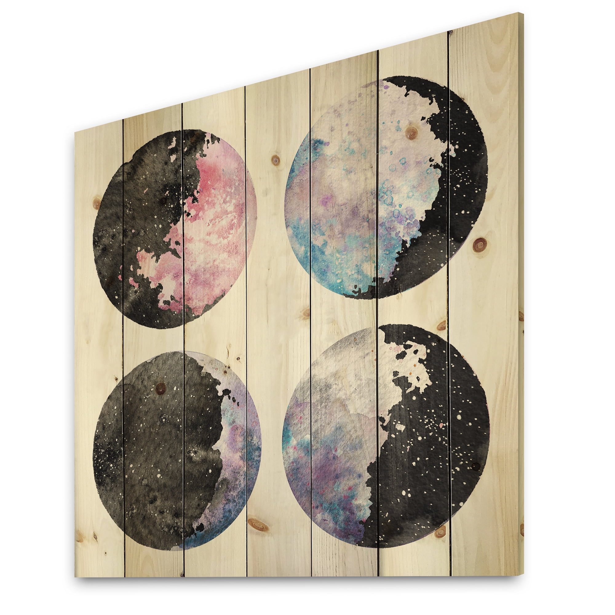 Designart 'Moon Phases With Sky and Stars' Bohemian & Eclectic Print on Natural Pine Wood