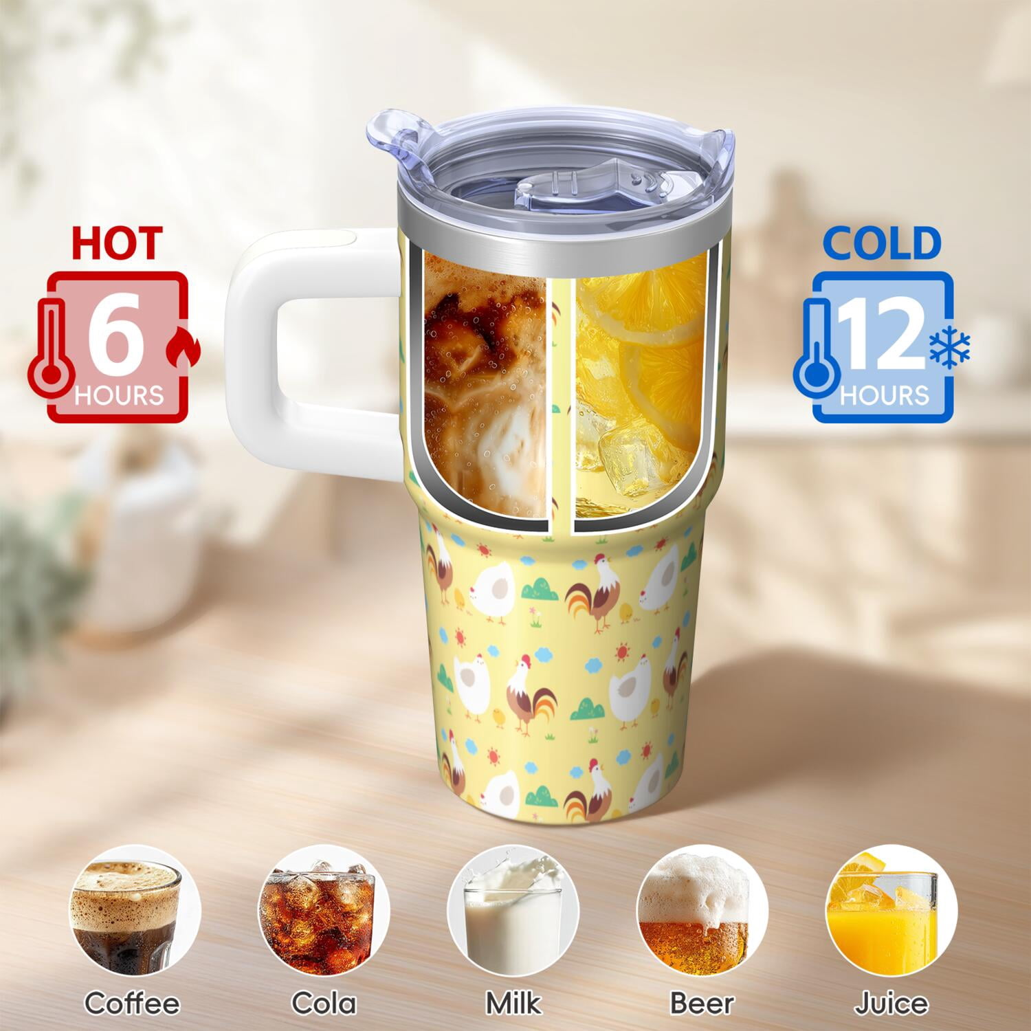 20oz Chicken Graphic Tumbler with Handle Fun Birthday Christmas Gift for Chicken Enthusiasts Women Men Insulated Travel Mug Cup Holder Friendly Wide Mouth for Ice Hot Coffee Cold Soda Daily Use