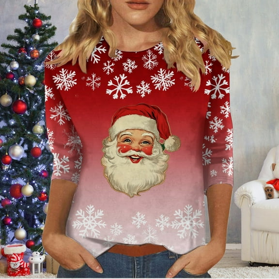 Jsaierl Merry Christmas Shirts for Women Plus Size Christmas Print Tees Stretch Round Neck T-shirt 3/4 Sleeve Holiday Blouse Tops Christmas Costumes