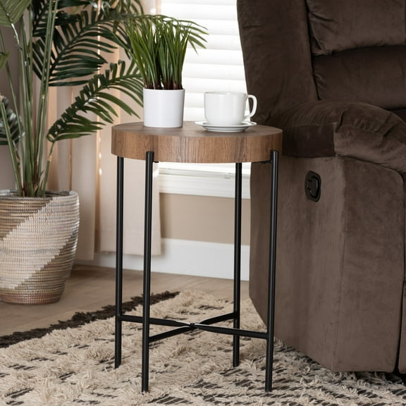 Baxton Studio Savion Modern Industrial Walnut Brown Finished Wood and Black Metal End Table