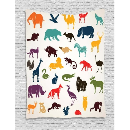 Zoo Tapestry, African and European Animal Silhouettes in Cartoon Style Safari Wildlife Zoo Theme, Wall Hanging for Bedroom Living Room Dorm Decor, Multicolor, by