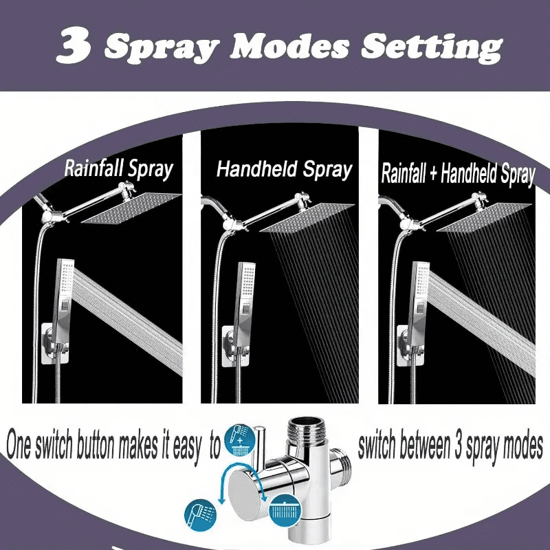 Shower Head with Hose, 8'' High Pressure Rain Shower Head, Handheld Shower Head Combo with 11'' Extension Arm, 2+1 Spray Settings Adjustable Shower Head with Holder, Height/Angle Adjustable