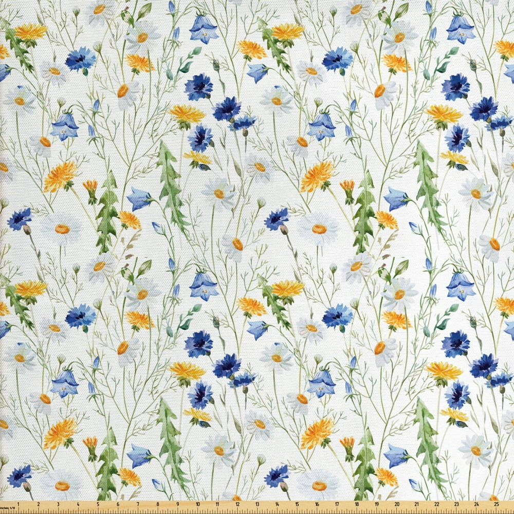 Flower Fabric by The Yard, Wild Flowers Poppies and Daisies Rural Nature Scenery in Meadows