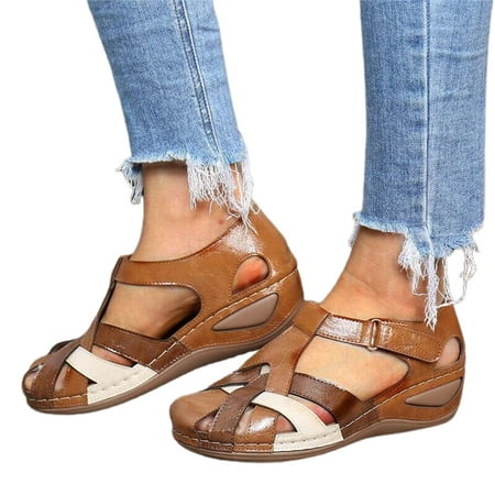 

huanledash Women Summer Retro Anti-skid Round Toe Strap Wedge Cross Buckle Sandals Shoes