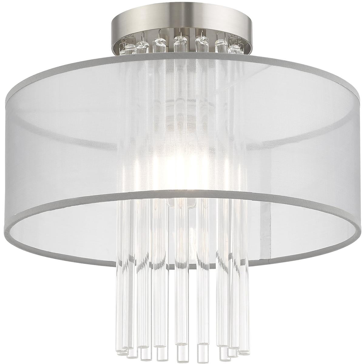 1 Light Brushed Nickel Ceiling Light fixture with Clear Crystal Rods/ Hand Crafted Translucent Gray Fabric Shade