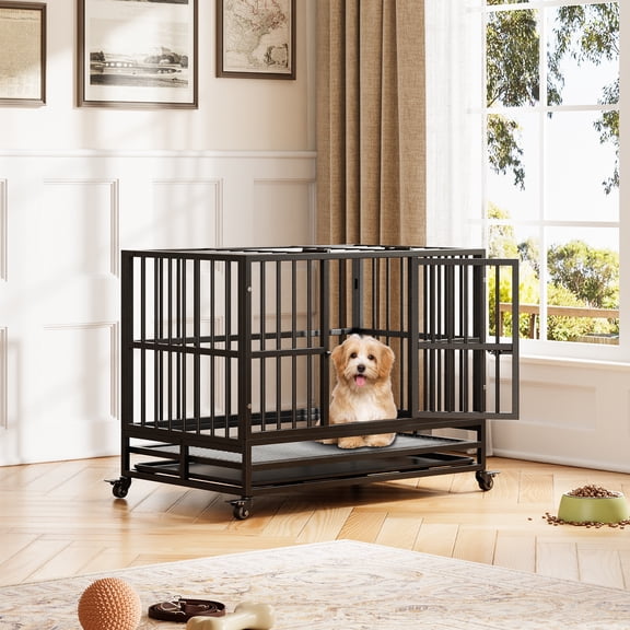 Ataujin Dog Crate, Heavy Duty Metal Dog Kennel with 360° Lockable Wheels, Removable Tray, Folding Indoor Pet House for Small Medium Large Dogs, Easy Clean and Assembly