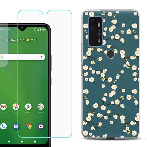 Slim-Fit Gel TPU Phone Case for Cricket Dream 5G, with Tempered Glass Screen Protector, by OneToughShield ® - Blossom Green