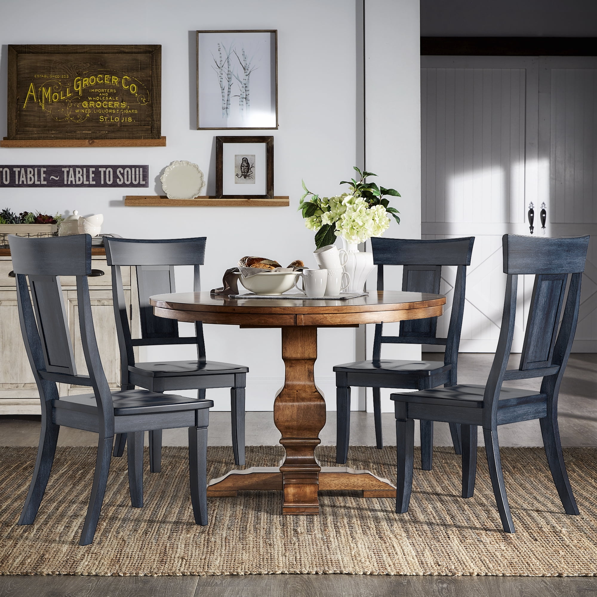 Weston Home Farmhouse Panel Back Wood Dining Side Chairs, Antique Denim (Set of 2)