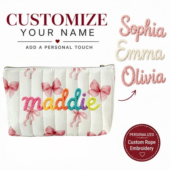 Personalized Floral Makeup Bag – Custom Rope Embroidery Monogrammed Cosmetic Pouch,D