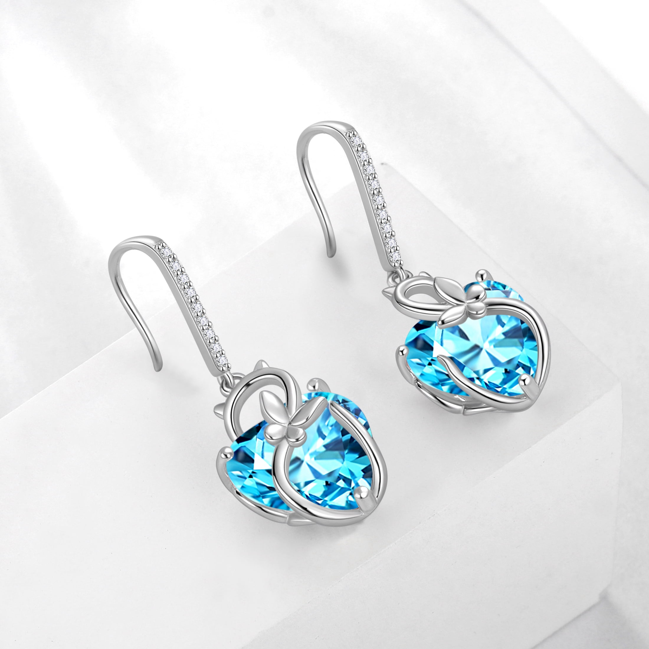 Juwaliy Cat Butterfly Earrings for Women 925 Sterling Silver Earrings Dangle Hook Blue Heart Aquamarine March Birthstone Jewelry Mother Christmas Birthday Valentine's Day Gifts for Mom Wife