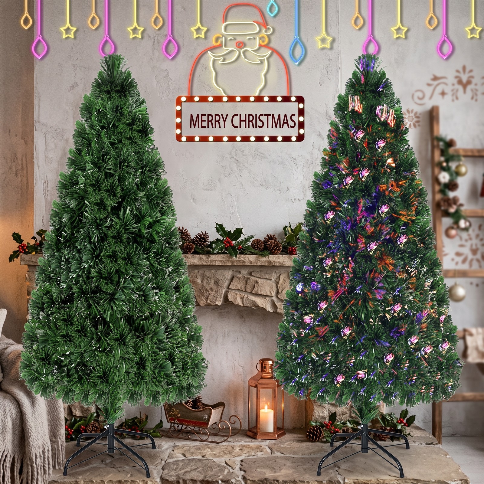 RUIE 6 FT Fiber Optic Artificial Christmas Tree, Pre-Lit PVC Xmas Tree with 220 Tips, 7-Color Changing LED Lights and Plastic Stand for Indoor Holiday Decoration, Green