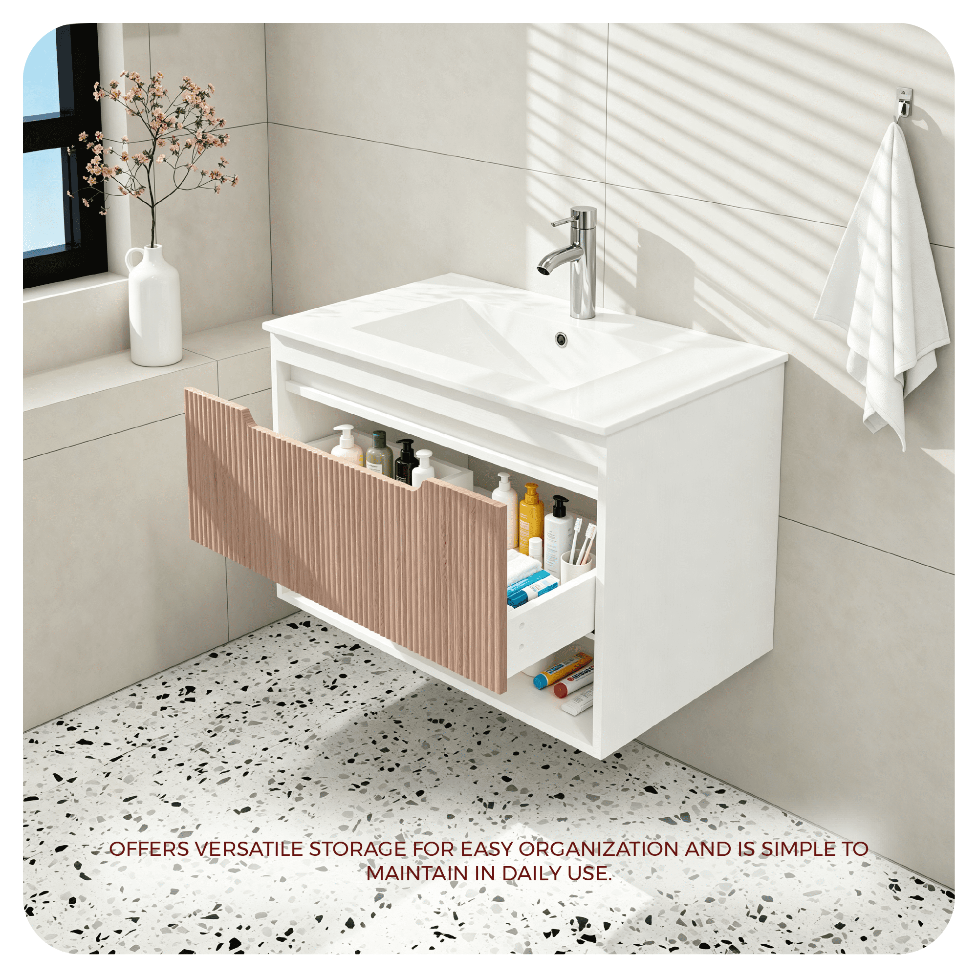 30" Floating Bathroom Vanity Base Cabinet Only, Modern Wall-Mounted MDF Bath Vanity with Fluted Wood Grain Drawer, Soft-Close Rails & Open Shelf, White/Oak (Sink Not Included)