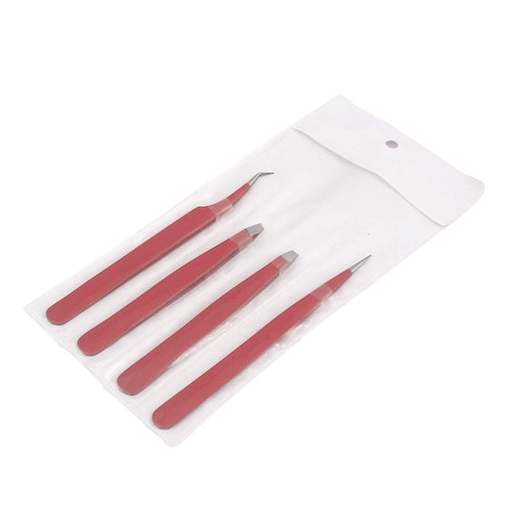 OdontoMed2011® Tweezer Pack- 4 Tweezers Set- Ingrown Hair Remover Treatment. Eyebrow Shaper. With Protective Case, Slanted And Pointed Eyebrow Tweezer Set (Red)