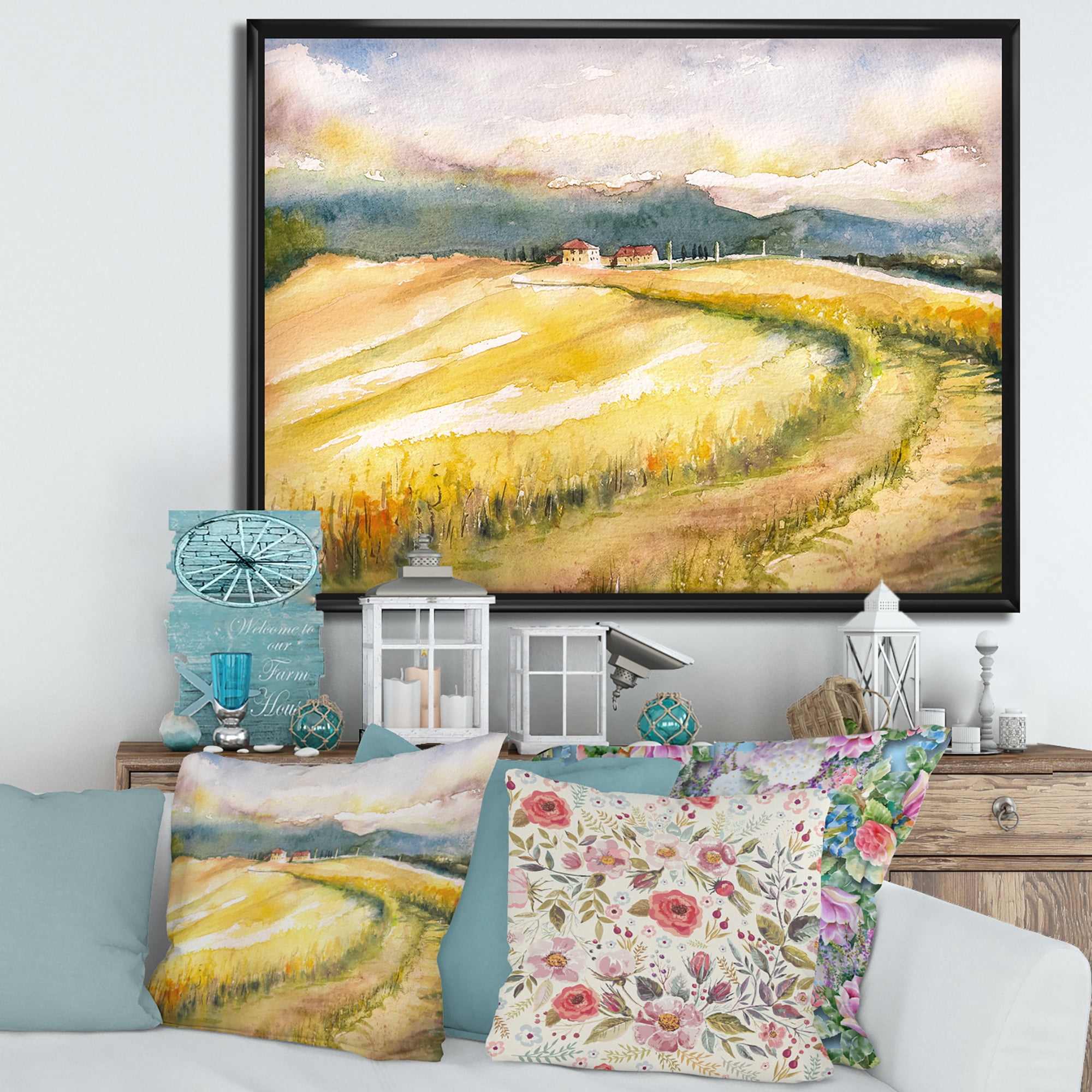 Designart 'Golden Grass Fields of Tuscany Italy' Country Framed Canvas Wall Art Print