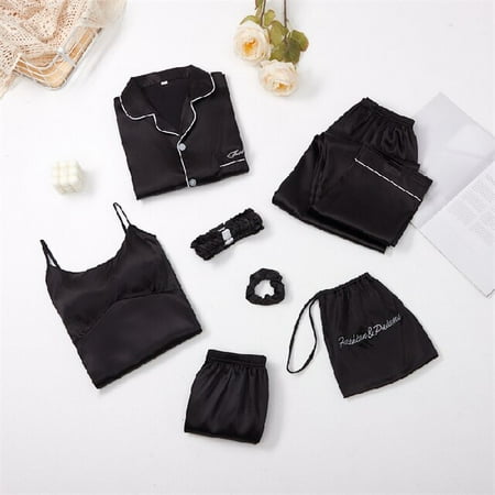

DanceeMangoo 7 Pcs Pajamas Set Silk Women Home Clothes Women Pajimas Satin Shorts Long Sleeve Top Elastic Waist Pants Lounge Sleepwear Suit