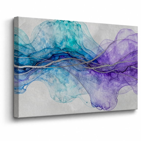Purple Abstract Canvas Wall Art Framed Decor Silver Line Fluid Ink Marble Landscape 2D Flat canvas print for bathroom bedroom or living room
