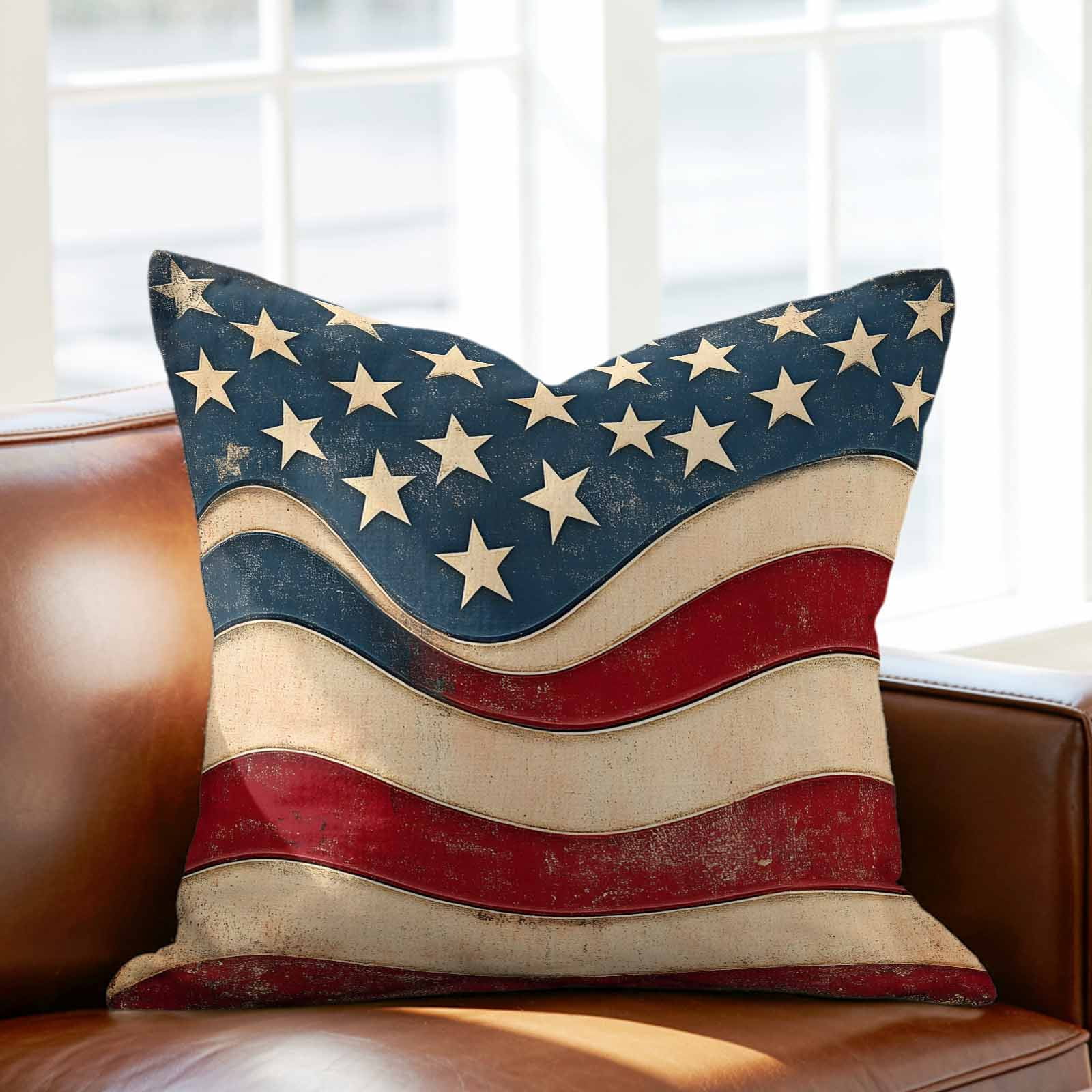 Pillow Covers 26x26 Inch, Vintage American Flag Linen Pillowcase with Invisible Zipper, Blue Red White Star US Flag Decorative Throw Pillow Covers Cushion Case for Couch Sofa Bed Living Room