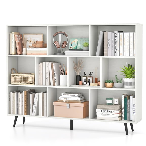 Barara King 10-Cube Bookcases with 5 Tapered Metal Legs, Bookcase Standing Shelf Unts for Living Room, Bedroom, Office Room, Study Room, White