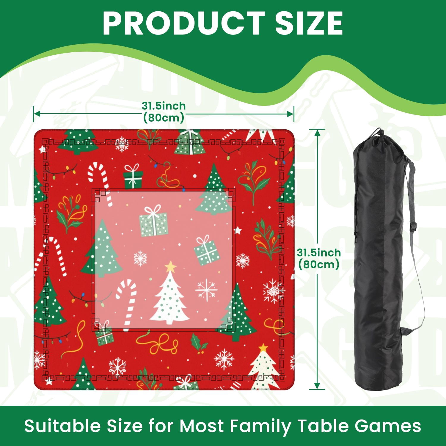 Mahjong Mat 31.5" x 31.5" Christmas tree Christmas ornament red green color Non-Slip Noise Reduction American Mahjong Tiles Table Cover for Dominoes Poker Card Board Games Gift