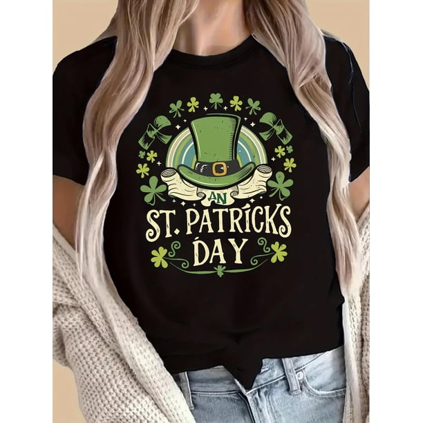 Camiseta de Verano para Mujer Women's St. Patrick's Day Festive T-Shirt - Black with Green Top Hat & Clover Design, Short Sleeve, Camisetas de verano para mujer, manga corta, cuello redondo, casual,