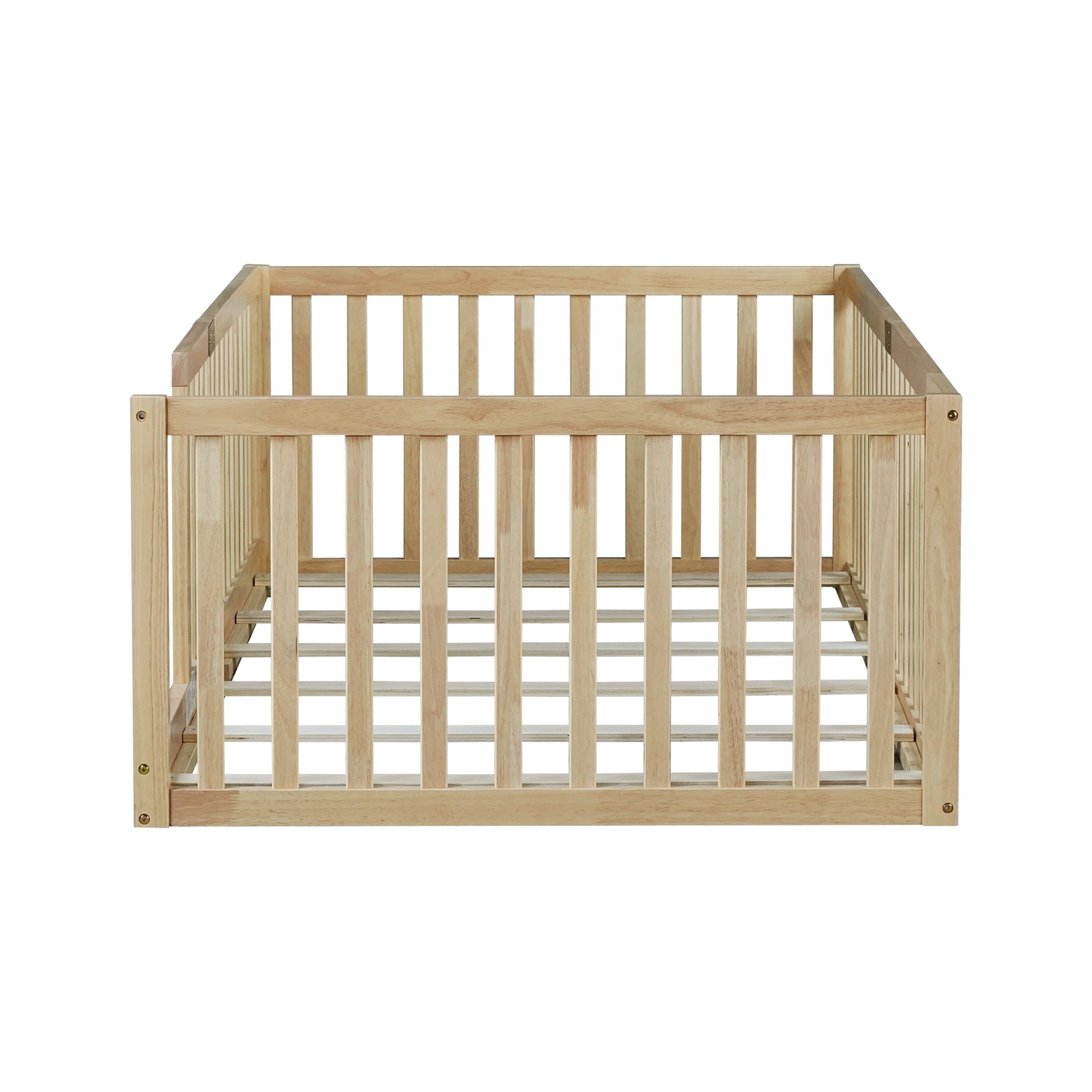 Noble House Nira Twin Floor Bed with High Fence Railings, Rubber Wood Montessori Bed Frame, Kids' Room, Natural
