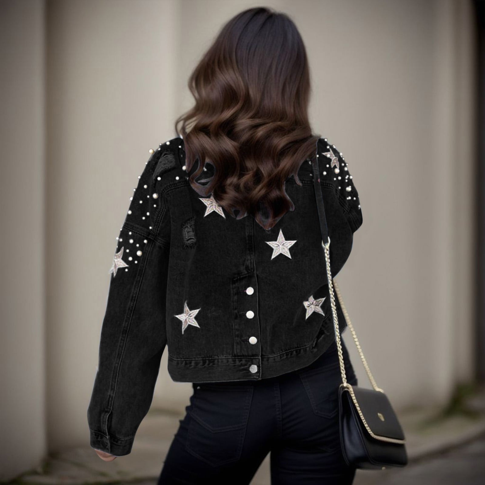 PMUYBHF Cropped Denim Jacket for Women 3 4 Sleeve Jean Jacket Women with Hood Womens Casual Jacket Loose Pocket Button Pearl Denim Jacket Black Blazer Dress for Women Long Sleeve Walmart