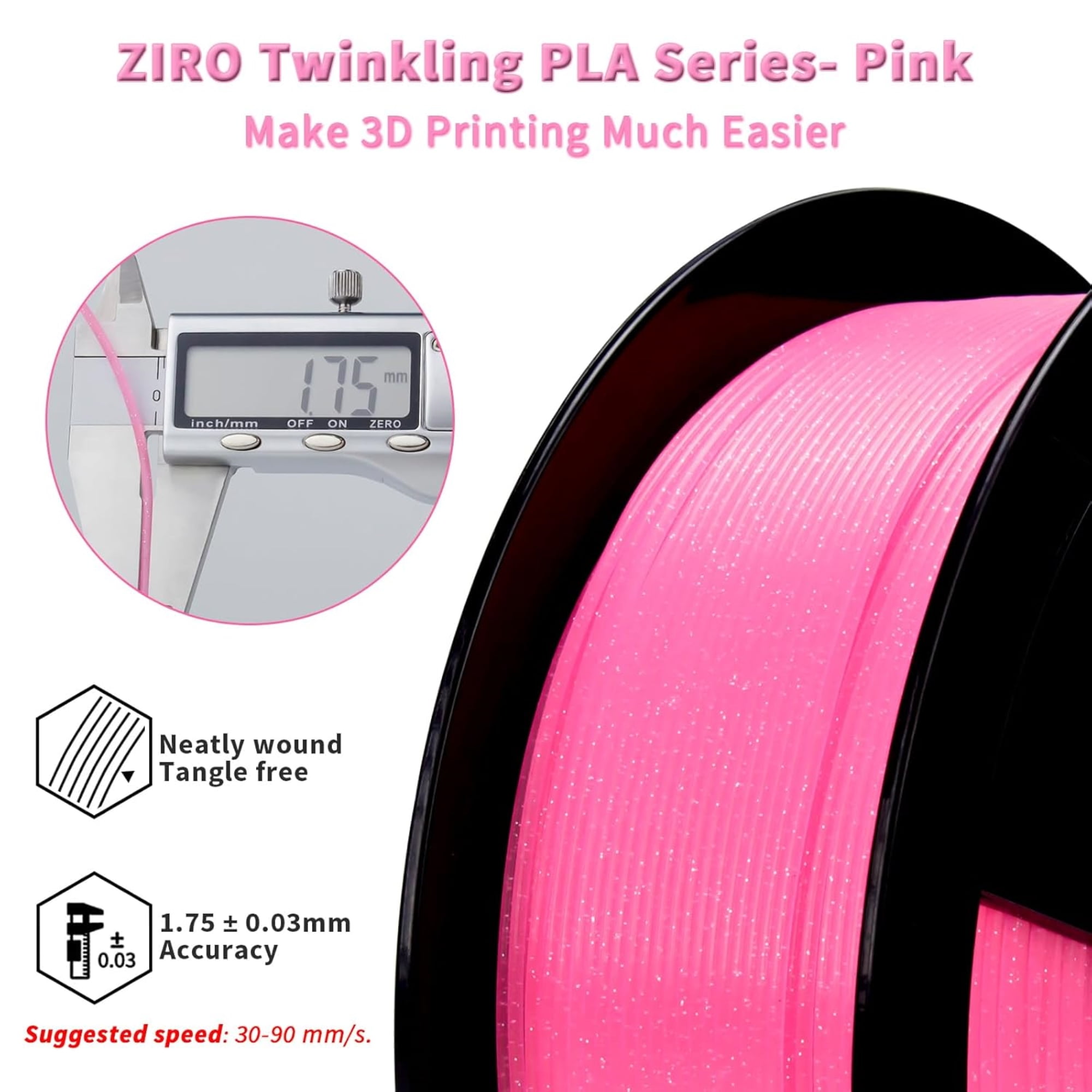 Ziro 3D Twinkling PLA Filament 1.75mm 1kg, Pink