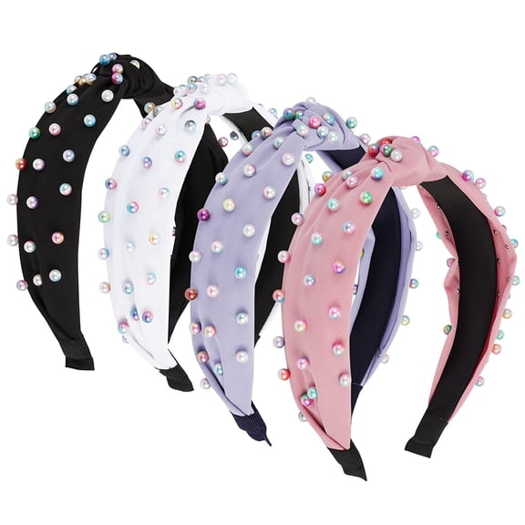 4-Pack Pearl Knotted Headbands for Women, Top Knot Turban Hair Bands, Fashion Hair Accessories