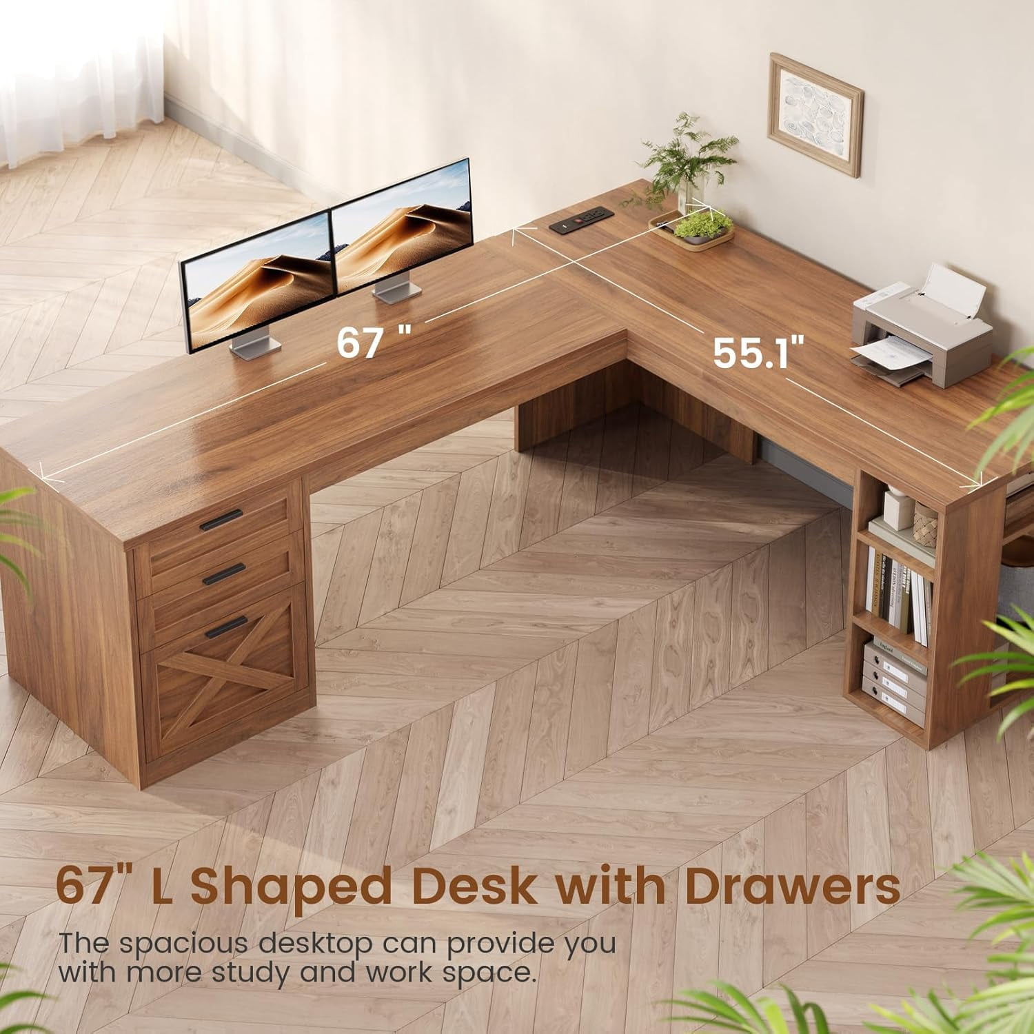 Farmhouse L Shaped Desk with Storage, Home Office Desk with Power Outlets & File Drawer, Corner Computer Desk with Spacious Desktop & Open Shelves, Office Desk with 3 Drawers for Bedroom, Brown