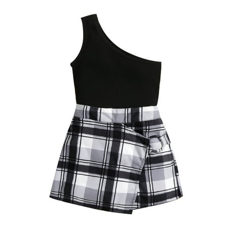 

Rovga Toddler Girls Clothing Girls Kids Off Shoulders Sleeveless Ribbed Vest Tops Plaid Shorts 2Pcs Outfits Set
