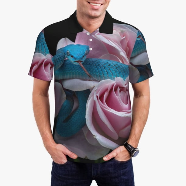 Balery Blue Lipped Pit Viper And Three Pink Roses Camisa Polo de Hombre con Estampado, de Manga Corta y Tejido Medio, Camisa Tipo Golf Polo-Large