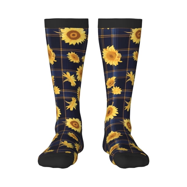 Balery Royal Blue Plaid Sunflower Calcetines novedosos Calcetines deportivos Calcetines hasta la rodilla Calcetines de algodón Calcetines originales y geniales